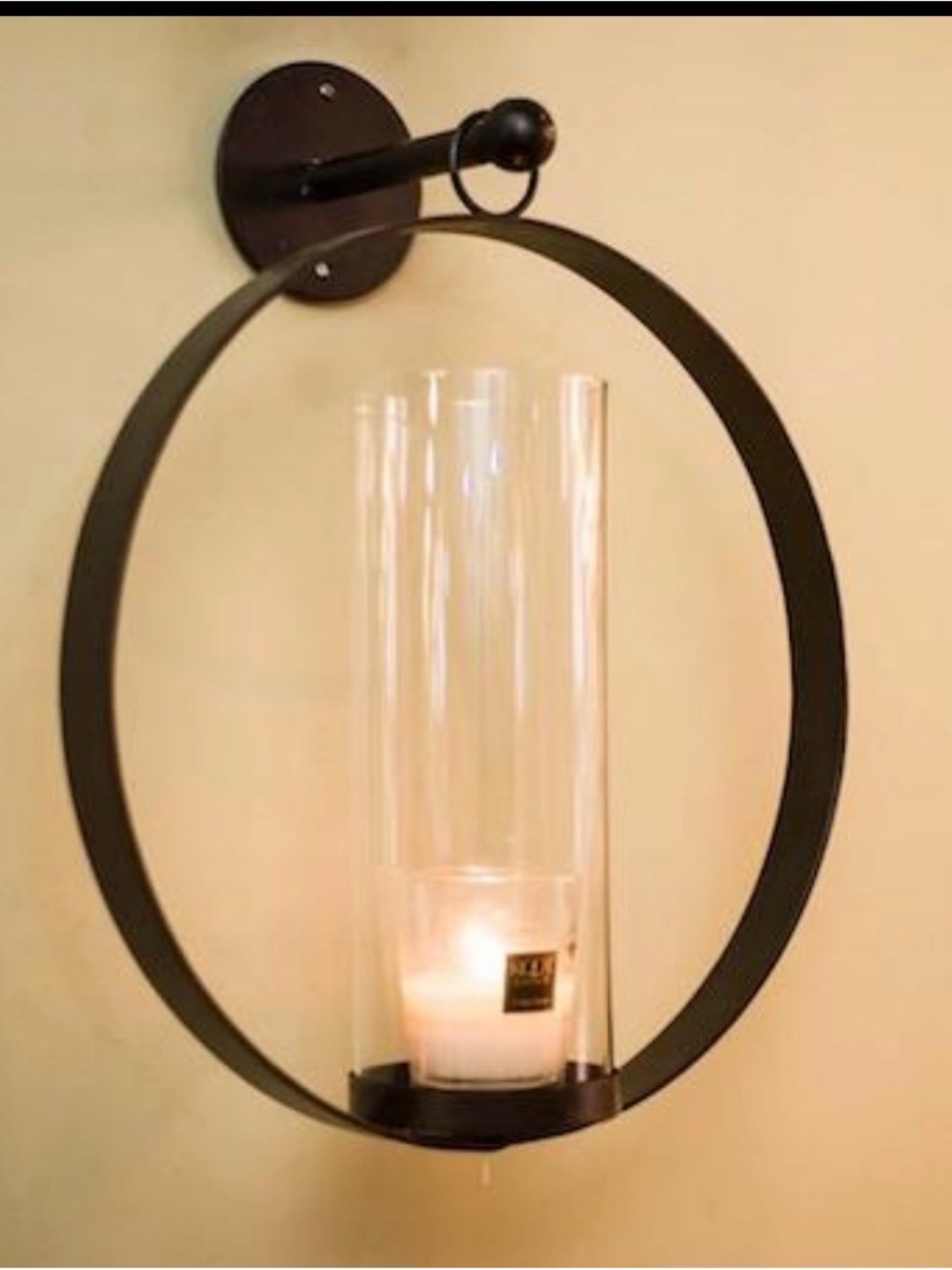 Pottery Barn Pair Black Metal Ring Wall Lantern with Glass Hurricane Sconces